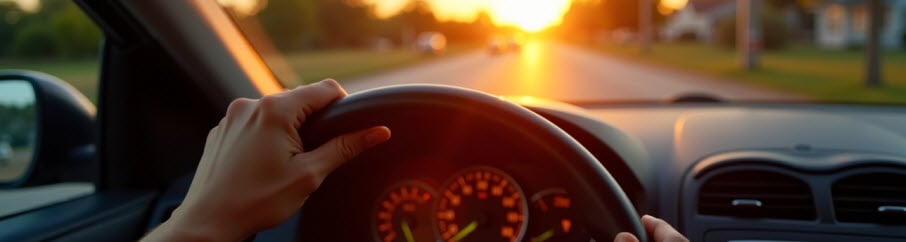 POV, Enjoying a peaceful evening drive as the sun sets on a warm day with golden light reflecting on the road AI-generated